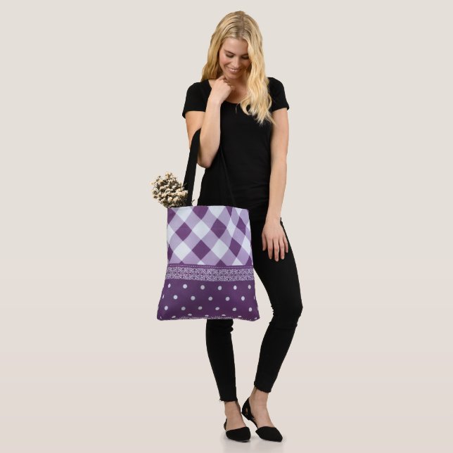 Purple White Chequered Polka Dot Floral Damask Art Tote Bag (On Model)