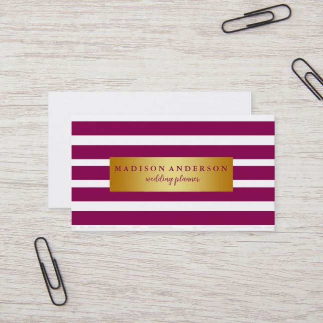 Purple & White Chic Stripes in Gold Business Card (Front/Back In Situ)
