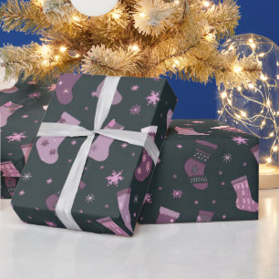 Purple & White Christmas Stockings Black Christmas Wrapping Paper