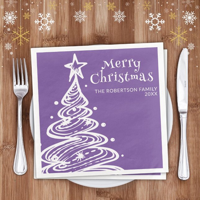 Purple White Christmas Tree Christmas Party Napkin (Creator Uploaded)