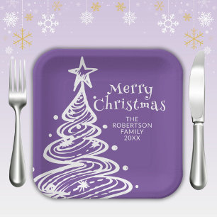 Purple White Christmas Tree Party Paper Plate