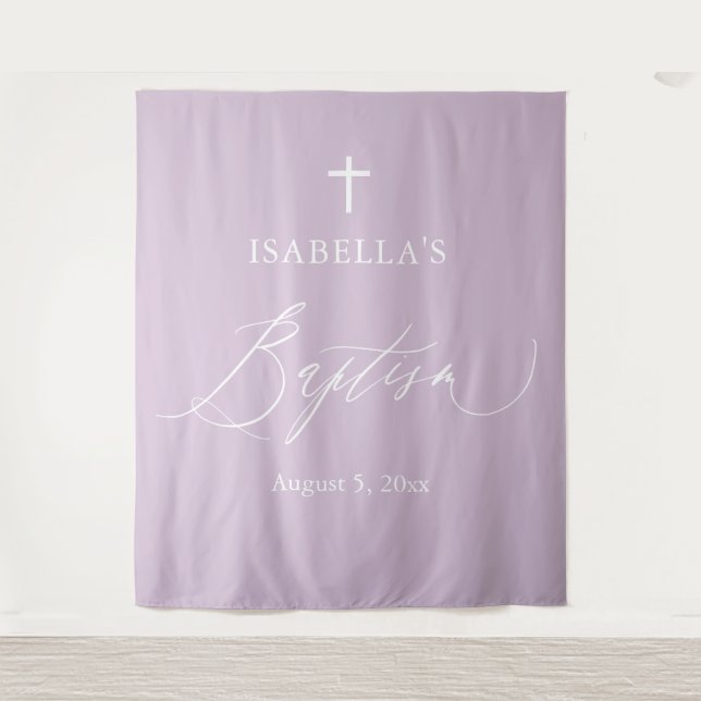 Purple White Cross Girl Baptism Photo Backdrop Tapestry (Front)