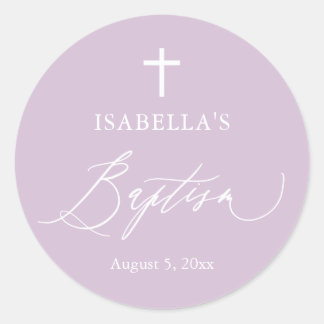 Purple White Cross Girl Baptism Round Sticker