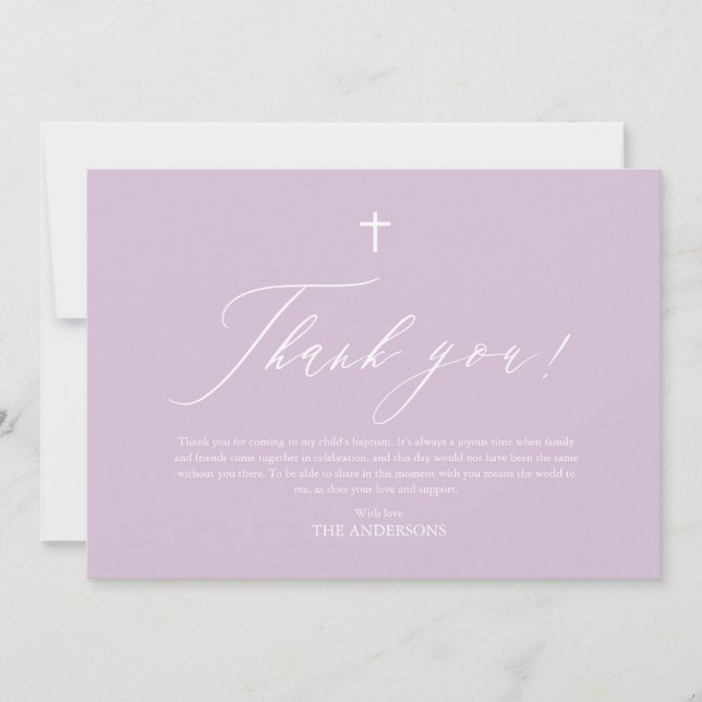 Purple White Cross Girl Baptism Thank You Card (Front)