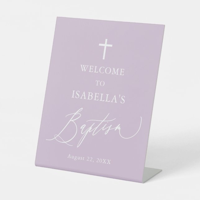 Purple White Cross Girl Baptism Welcome Sign (Front)