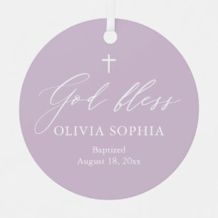 Purple White Cross Photo Girl Baptism Ornament