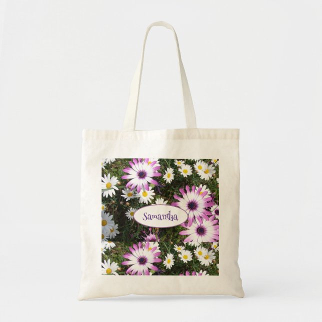 Purple White Daisy Flower Garden Customisable Name Tote Bag (Front)