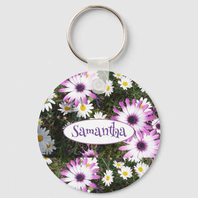 Purple White Daisy Flower Garden Customizable Name Key Ring (Front)