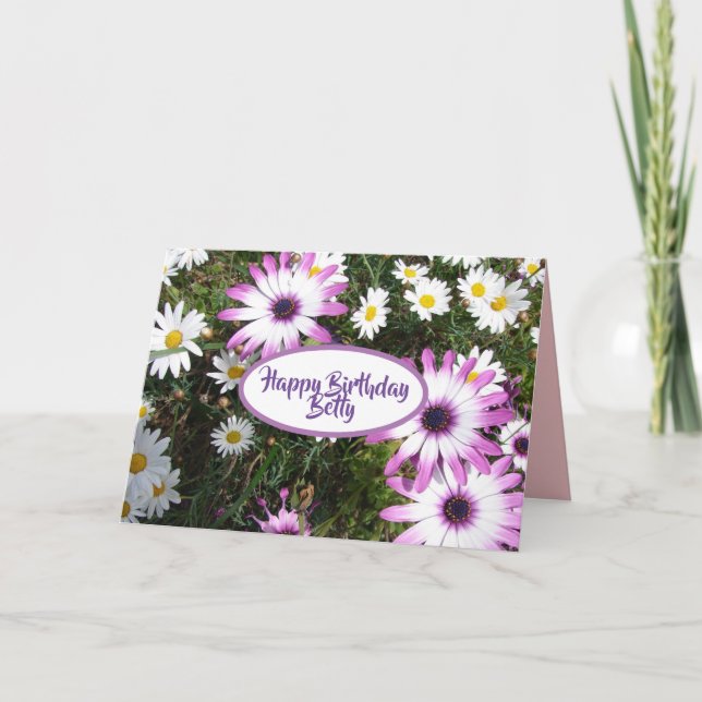 Purple White Daisy Flower Garden Happy Birthday Card (Front)