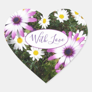 Purple White Daisy Flower Garden With Love Heart Sticker