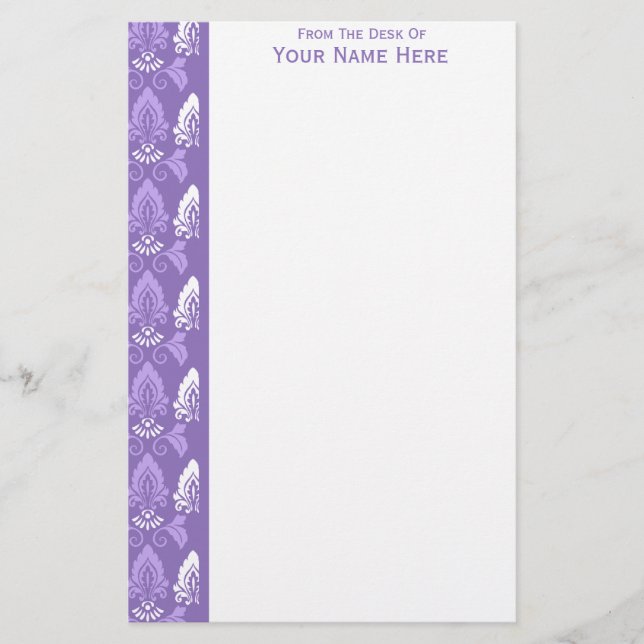 Purple White Damask Border Stationery (Front)