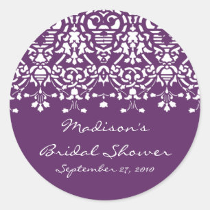 Purple & White Damask Bride Shower Sticker