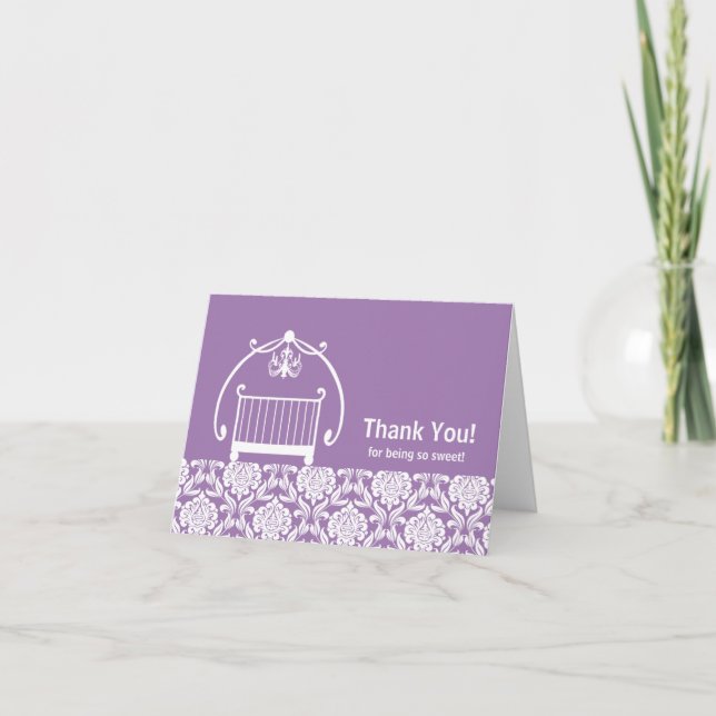 Purple & White Damsask Crib Thank You Note Card (Front)