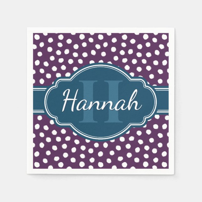 Purple White Dotted Pattern Navy Monogram Napkin (Front)