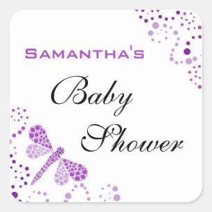 Purple & White Dragonfly Elegant Baby Shower Square Sticker