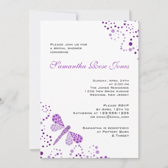 Purple White Dragonfly Pointillism Bridal Shower Invitation (Front)