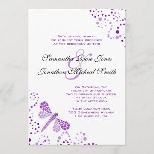 Purple White Dragonfly Pointillism Custom Wedding Invitation