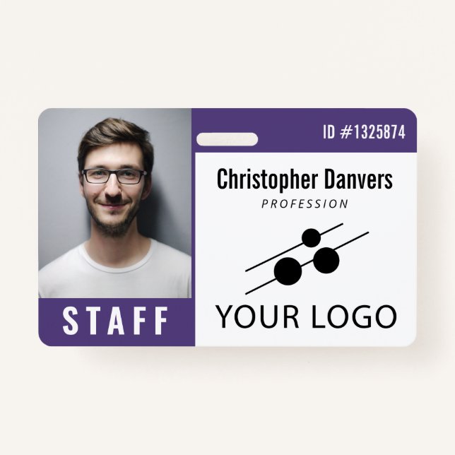 Purple White Employee ID Photo & Large Logo ID Badge (Front)