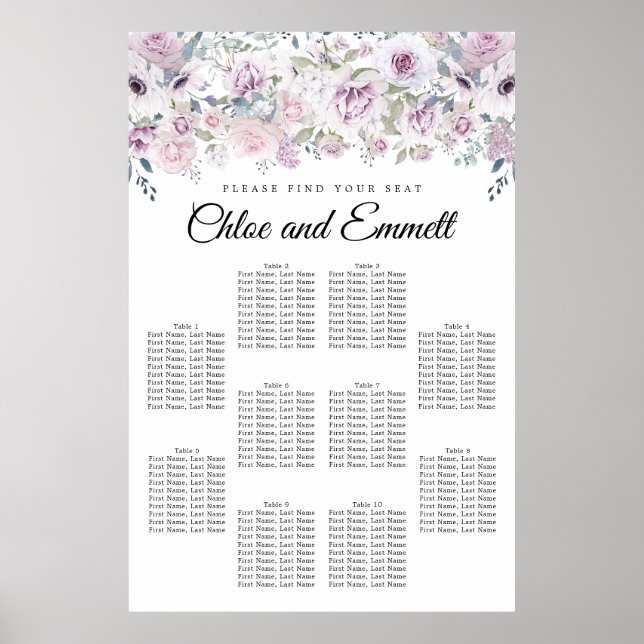 Purple White Floral 10-Table Wedding Seating Chart (Front)