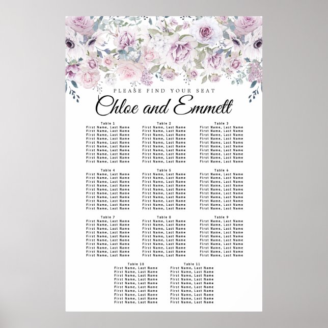Purple White Floral 11-Table Wedding Seating Chart (Front)