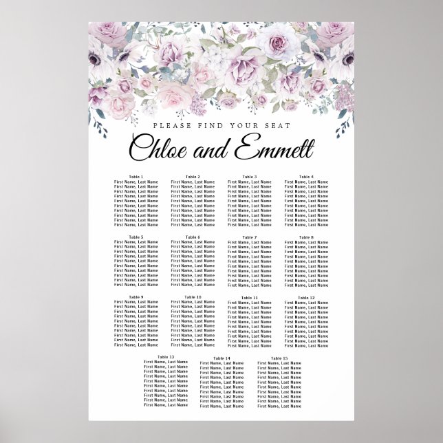 Purple White Floral 15-Table Wedding Seating Chart (Front)