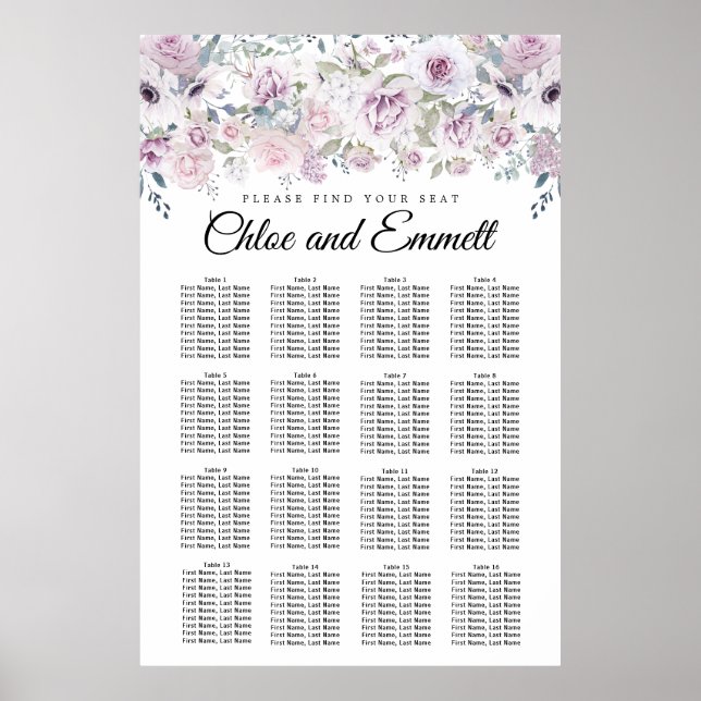 Purple White Floral 16-Table Wedding Seating Chart (Front)