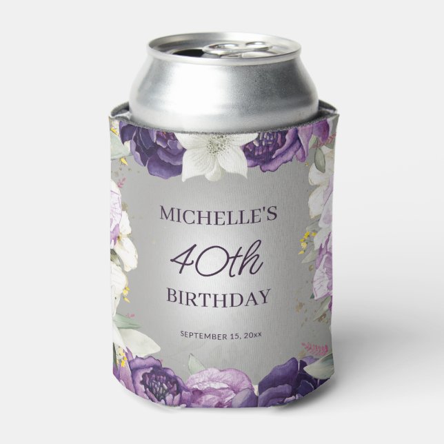 Purple White Floral 40th Birthday  Can Cooler (Can Front)