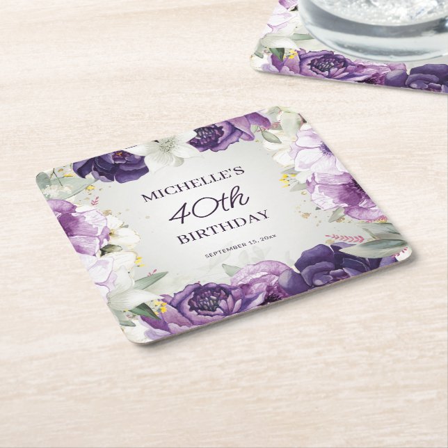 Purple White Floral 40th Birthday  Square Paper Coaster (Angled)