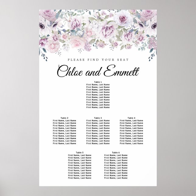 Purple White Floral 6-Table Seating Chart (Front)