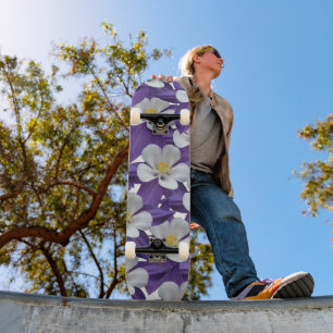 Purple White Floral Columbine Flower Pattern Skateboard