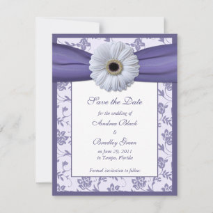 Purple White Floral Damask Save the Date Card