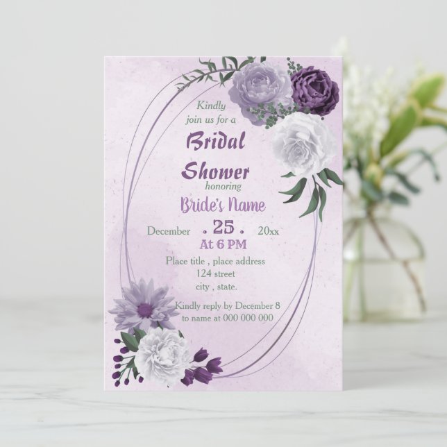 purple & white floral geometric bridal shower invitation (Standing Front)