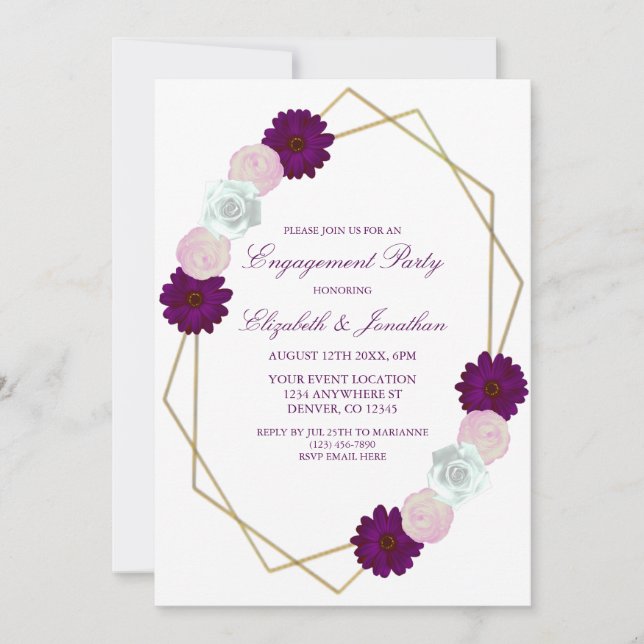 Purple White Floral Geometric Engagement Party Invitation (Front)