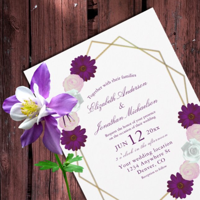 Purple White Floral Geometric Wedding Invitation (Creator Uploaded)
