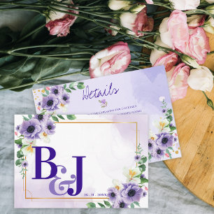 Purple White Floral Gold Frame Wedding Details Enclosure Card