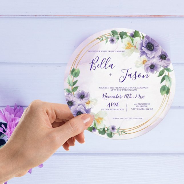 Purple White Floral Gold Frame Wedding Invitation (Creator Uploaded)