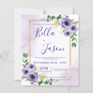 Purple White Floral Gold Frame Wedding Invitation