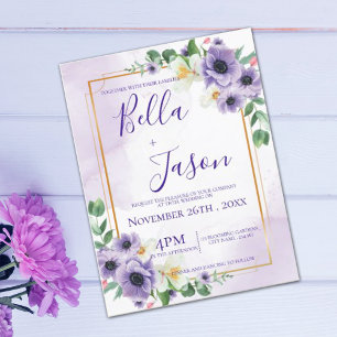 Purple White Floral Gold Frame Wedding Invitation Postcard