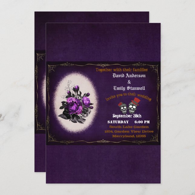 Purple White Floral Gothic Skull Halloween Wedding Invitation (Front/Back)