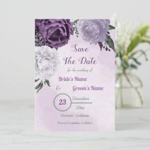 purple & white floral greenery save the date