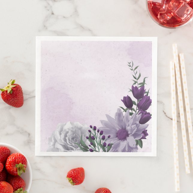 purple & white floral greenery wedding napkin (Insitu)