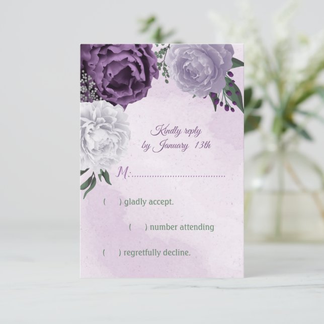 purple & white floral greenery wedding RSVP card (Standing Front)