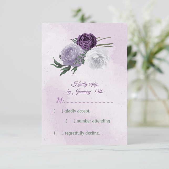 purple & white floral greenery wedding RSVP card (Standing Front)