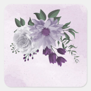 purple & white floral greenery wedding square sticker