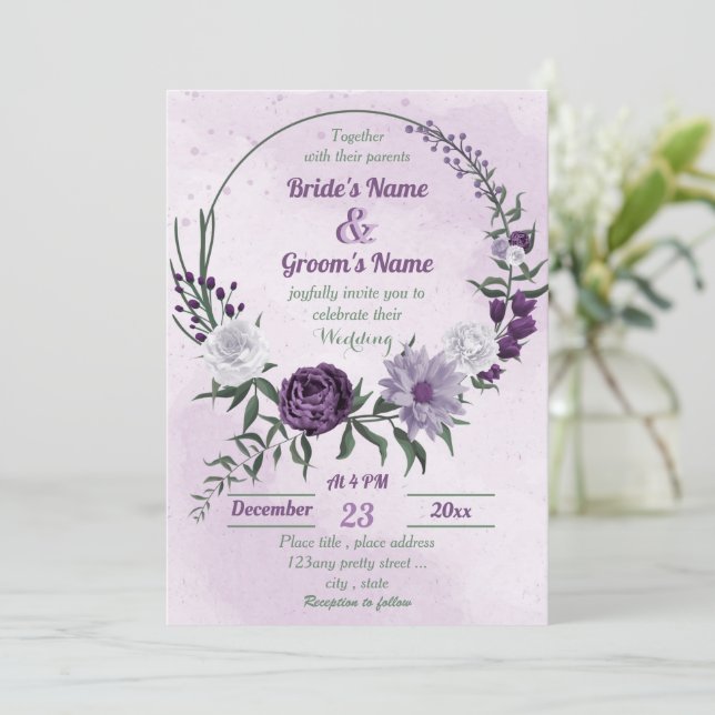 purple & white floral greenery wreath wedding invitation (Standing Front)