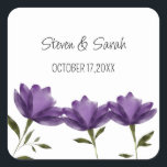 Purple white floral modern romantic elegant square sticker<br><div class="desc">This minimalist design features simple yet beautiful watercolor purple flowers adorning the bottom side. This sticker is a perfect pick for fall Wedding, Country wedding , Outdoor / barn / rustic weddings. Personalise the text as per your wish :) Great choice for engagements , birthday parties , bridal shower too....</div>