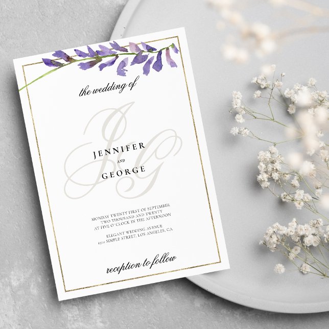 Purple white floral monogram initials wedding invitation (Purple white floral monogram initials wedding )
