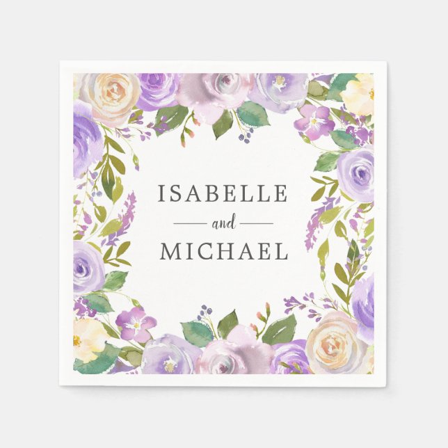 Purple White Floral Monogram Name Wedding Napkin (Front)