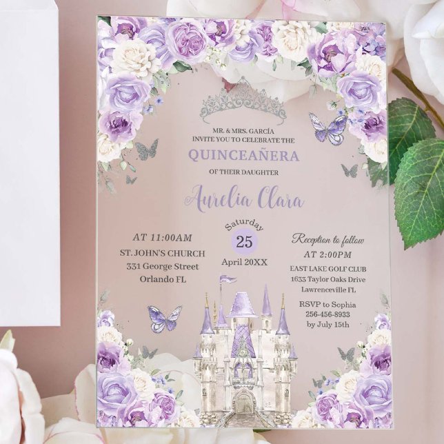 Purple White Floral Princess Castle Quinceañera XV Acrylic Invitations (Creator Uploaded)