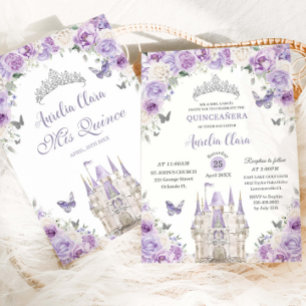 Purple White Floral Princess Castle Quinceañera XV Invitation